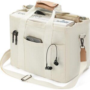 Canvas Multi-Pocket Tote Bag – Beige | Crossbody / Shoulder Satchel | Organizer